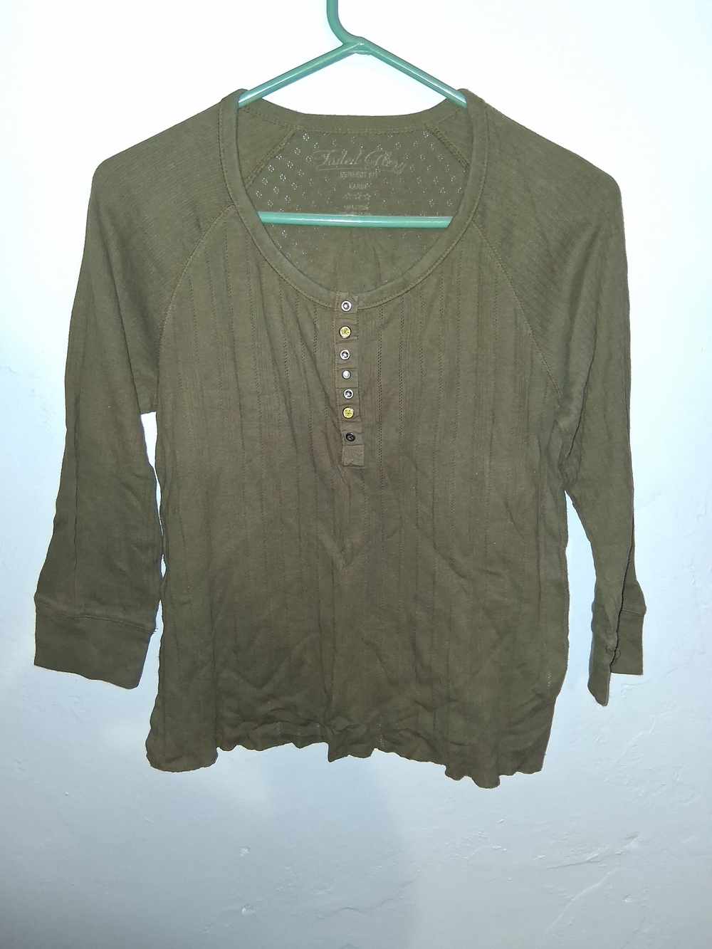 Faded Glory Olive Green Ribbed Henley Long Sleeve Top